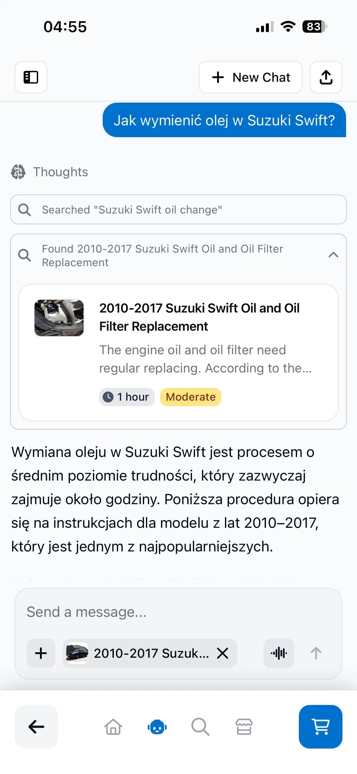 Bot AI iFixit odpowiada na pytanie o wymianę oleju w Suzuki Swift