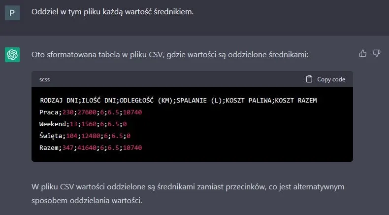Czat z ChatGPT #2 - Eksport danych z tabeli do Excel, wartości oddzielone średnikami. Wyniki własnych badań, opierające się na dialogu z ChatemGPT.