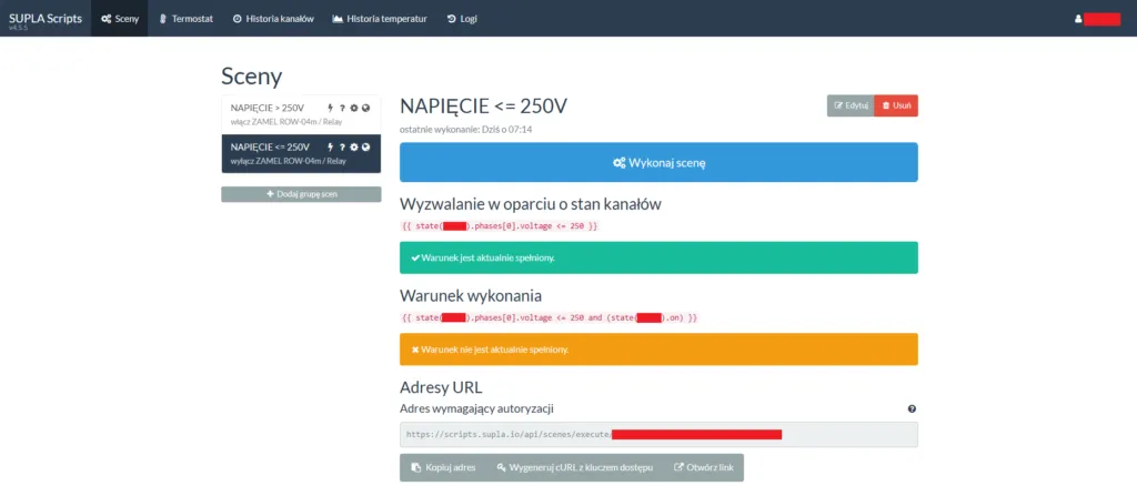 Napięcie pon. 250V - Scena dla MEW-01 w Supla Scripts