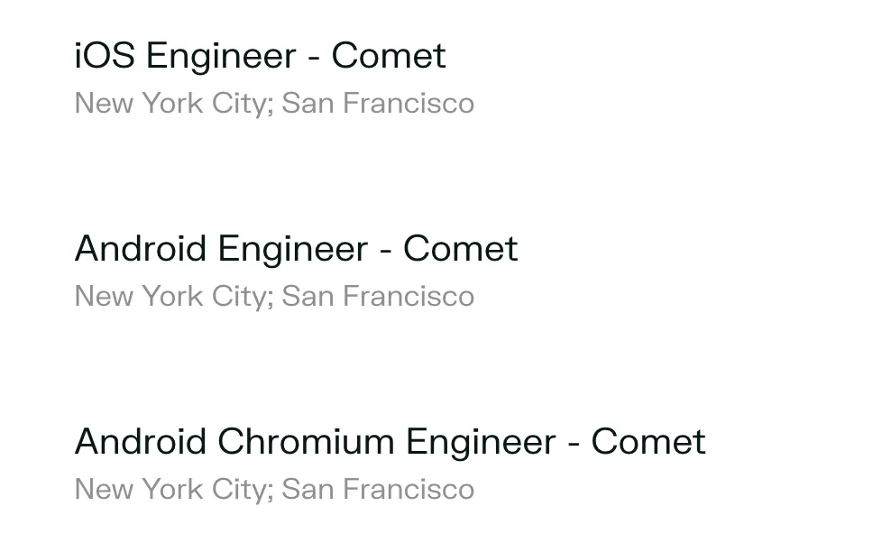 Lista wakatów Perplexity — iOS Engineer, Android Engineer i Android Chromium Engineer przy projekcie Comet