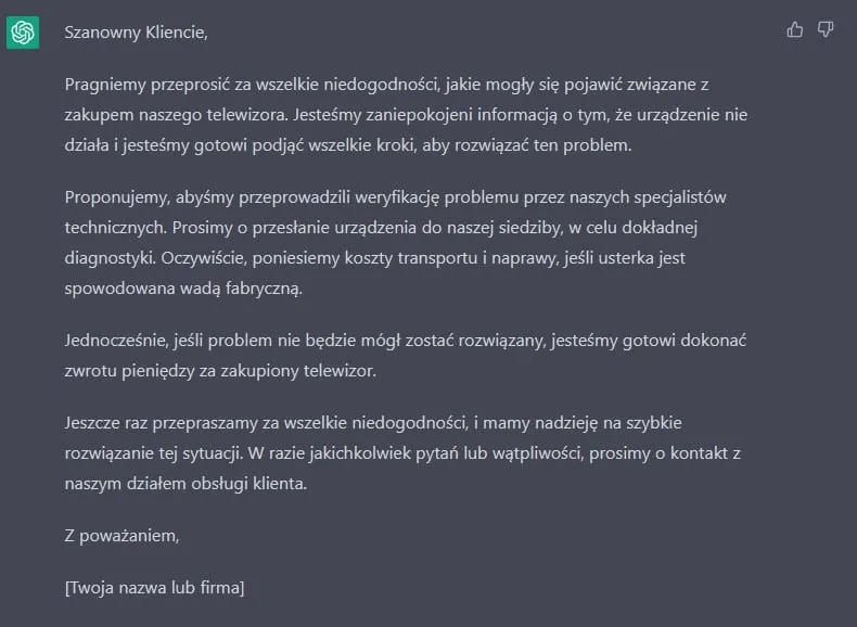 Pomoc w obsłudze klienta. Przykład odpowiedzi na reklamację - ChatGPT